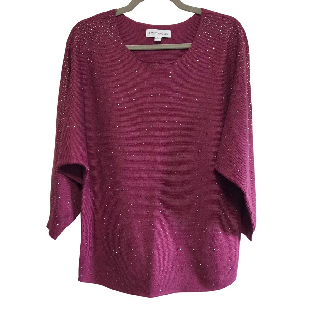 Emily Daniels Women L Chic NWOT Berry Ribbed Rhinestone Dolman Sleeve Sweater